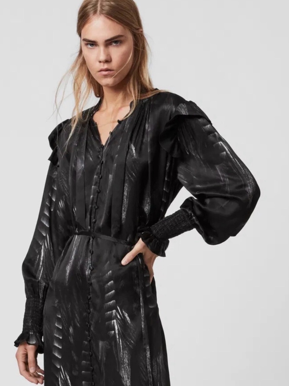 All Saints Lara Silk Viola Ruffle Feathered Print MIDI Dress $398 - Picture 3 of 11